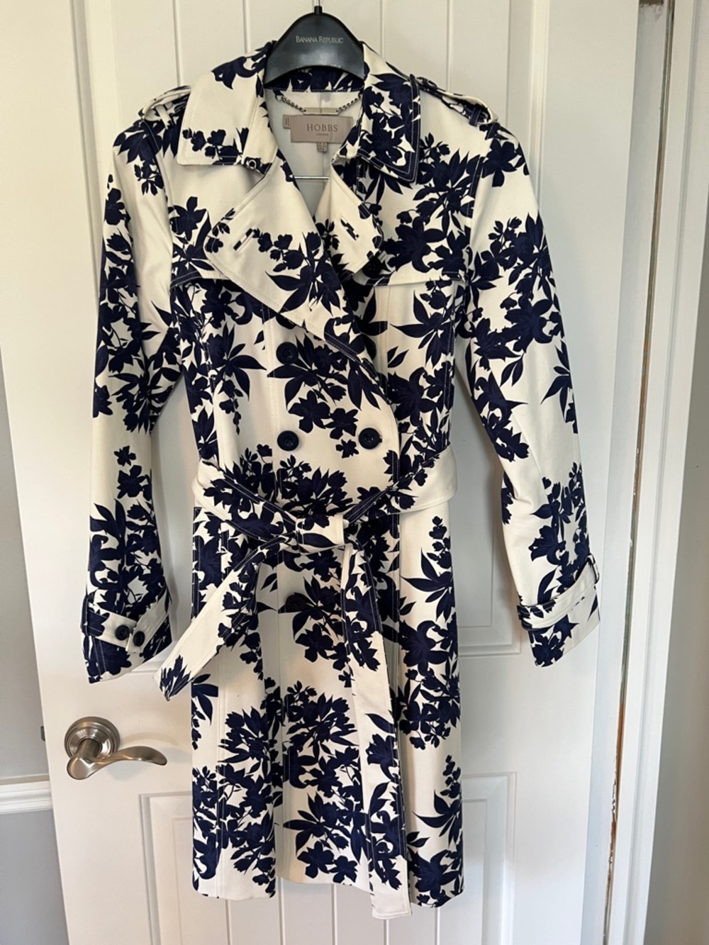 Hobbs Navy Floral Double-Breasted Trench Coat